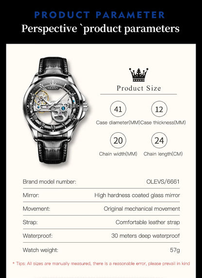 OLEVS 6661 Automatic Watch For Men Skeleton Original Mechanical Movement Men's Wristwatch Waterproof Luminous Sport Men's Watches