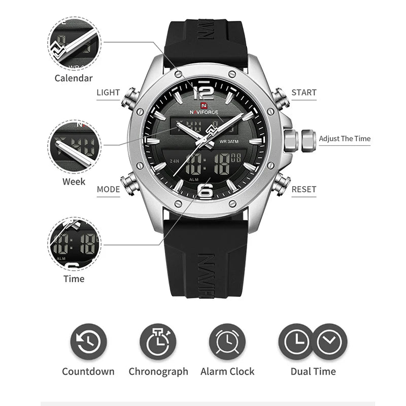 NAVIFORCE Men Quartz LCD Dual Display Watch With Silicone Strap 3ATM Waterproof Shockproof Night Light Round Case Sport Casual