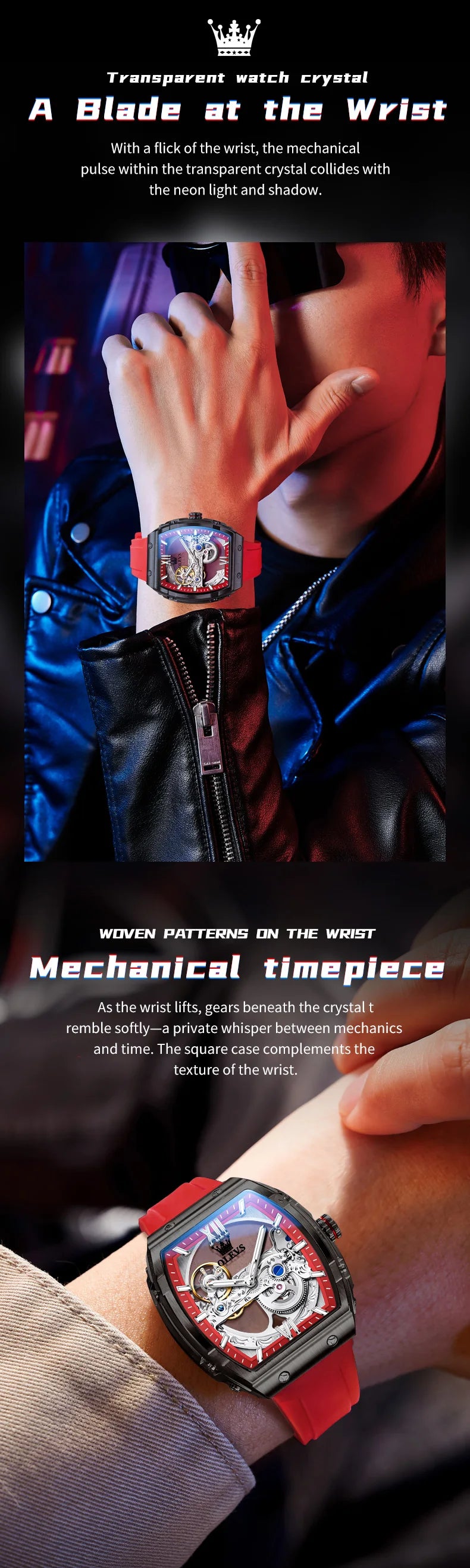 OLEVS 6779 fashion men's watches waterproof Transparent dial silicone tape mechanical watch for man Original brand wristwatch
