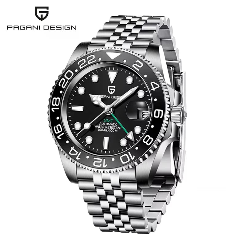 PAGANI DESIGN 40mm GMT Men's Mechanical Watches Rubber Strap Rotating Bezel 100 Waterproof Sports Wristwatch Mens Business Clock