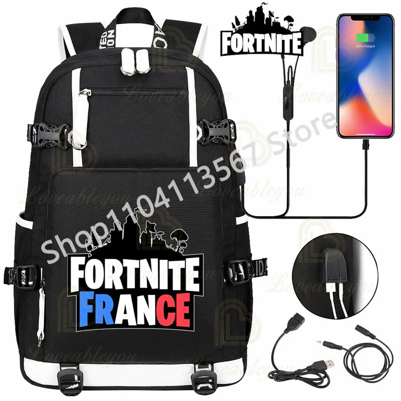 Ultima Knight F-Fortnited Battle Royale Backpack with USB Charging Anime Figures Study Stationery Compartment for Students