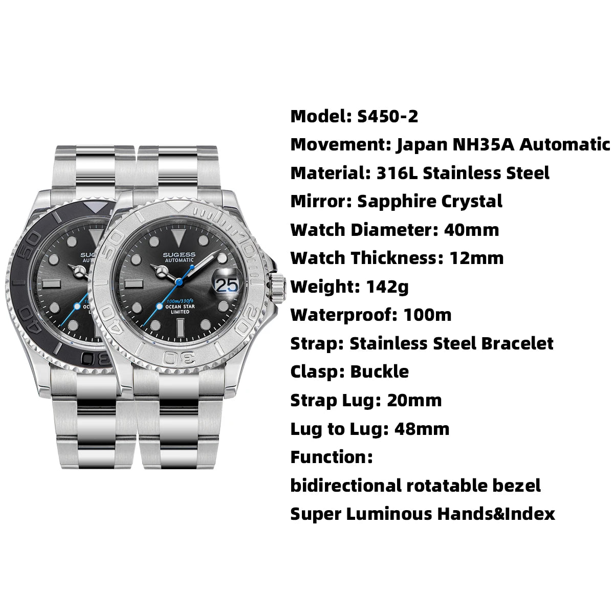 Sugess New Diving Men's Watch Automatic Mechanical Wristwatches 10Bar NH35A Movement Sapphire Luminous Ceramic Bezel S450-2 2025