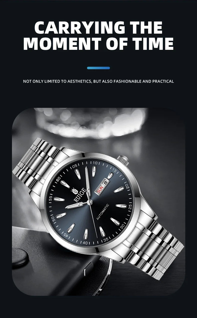 RUIGE Weekly Calendar Men's Fully Automatic Mechanical Watch Stainless Steel Business Men's Night Light Waterproof Versatile Wat