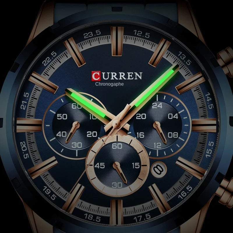 Pánske hodinky CURREN – luxusný športový chronograf, quartzový strojček, celonerezové, vodotesné