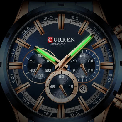 Pánske hodinky CURREN – luxusný športový chronograf, quartzový strojček, celonerezové, vodotesné