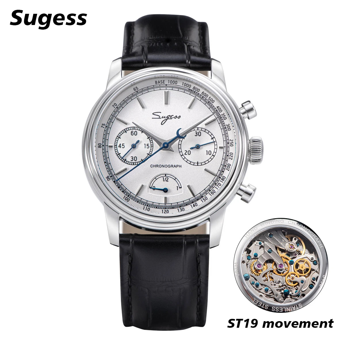 Sugess Men's Pilot 1963 Wristwatch ST1906 Chronograph Handwind Movement Domed Sapphire Waterproof Power Reserve Lume V2