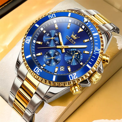 OLEVS men’s watch, luxury brand, gold-coloured military-style quartz watch, water-resistant, luminous date display, stainless steel case.