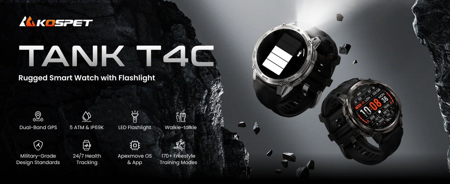 KOSPET TANK T4C Men's Outdoor Watch Rugged GPS  50M Waterproof Military Spec with Integrated Flashlight and Activity Tracking