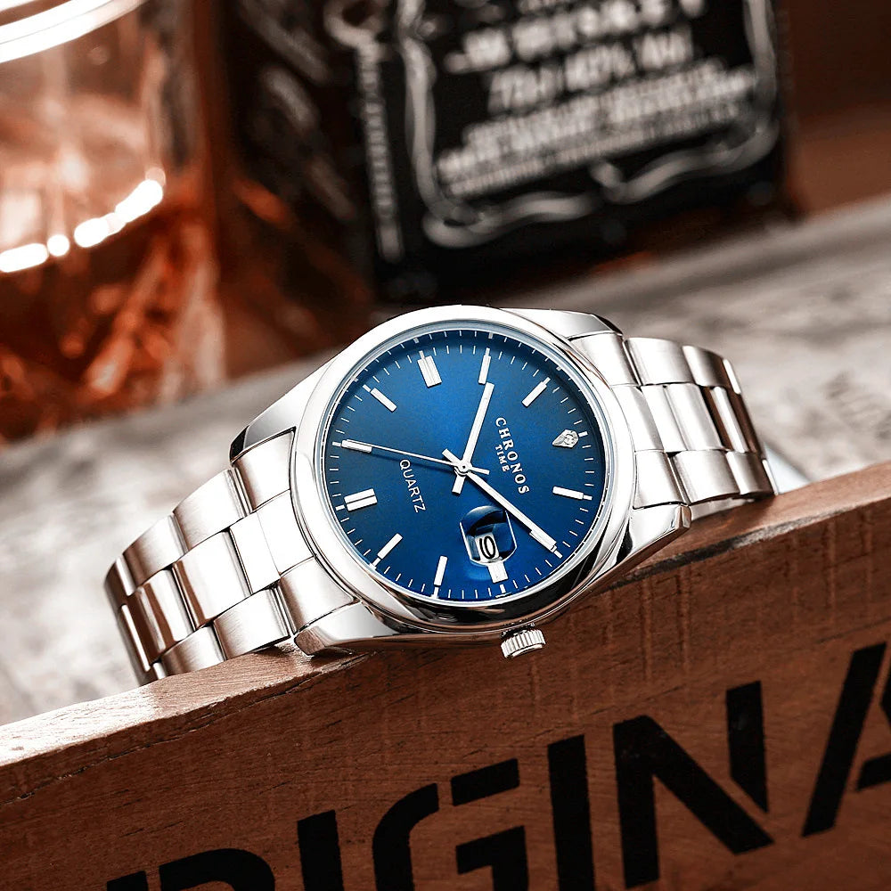 CHRONOS men’s wristwatch – Luxury brand, water-resistant, luminous, with date display, made of stainless steel, quartz movement.