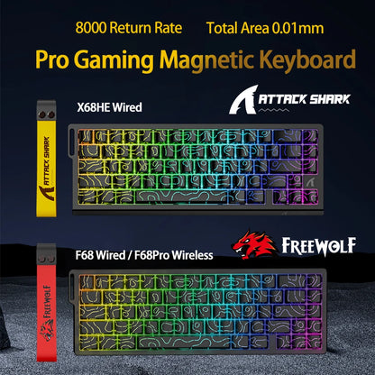 Tastiera a switch magnetici ATTACK SHARK X68HE cablata e FREEWOLF F68 cablata F68Pro wireless per gaming professionale 8K Hz 0.01mm Rapid Trigger