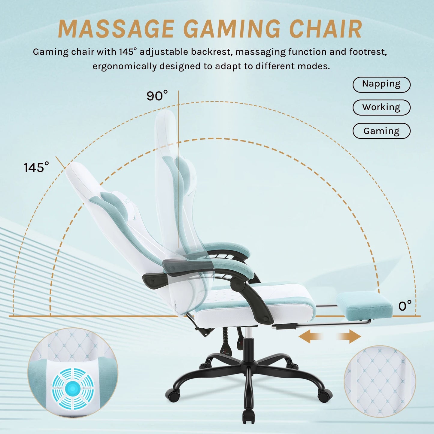 WOLTU snurrbar datorstol med massagefunktion, ergonomisk kontorsstol med kudde och fotstöd, höjdjusterbar gamingstol