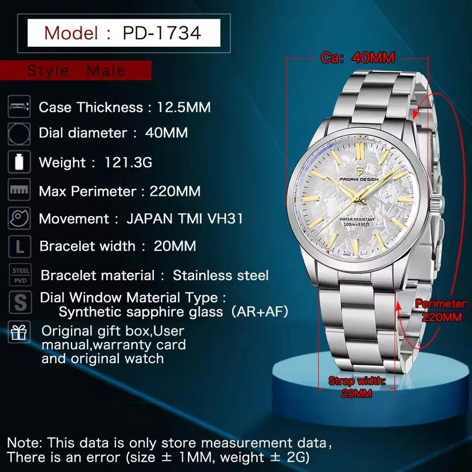 PAGANI DESIGN 40MM Meteorit-Zifferblatt Herren-Quarzuhr Luxus Business Saphir 316L Edelstahl 100M wasserdichte Uhr für Herren