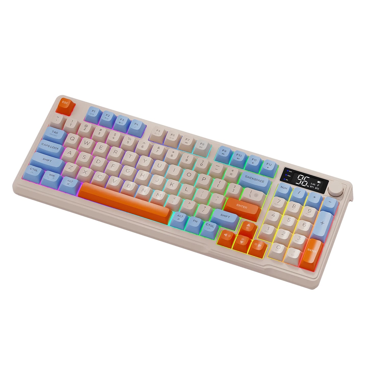 Tastiera wireless Bluetooth M96 FREEWOLF con display digitale, retroilluminazione RGB, batteria da 2000mAh e keycap PBT per PC/laptop