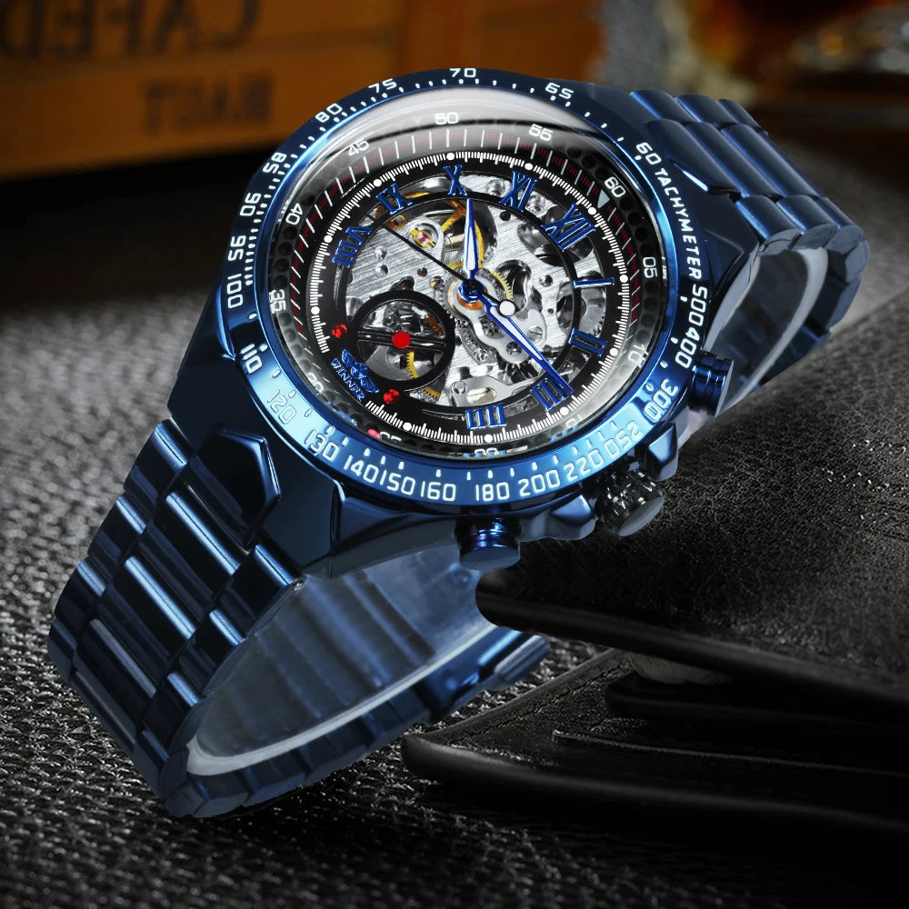 Relógio automático para homem WINNER – Modelo esqueleto transparente, ponteiros luminescentes, bracelete em aço inoxidável, relógio mecânico de marca de luxo