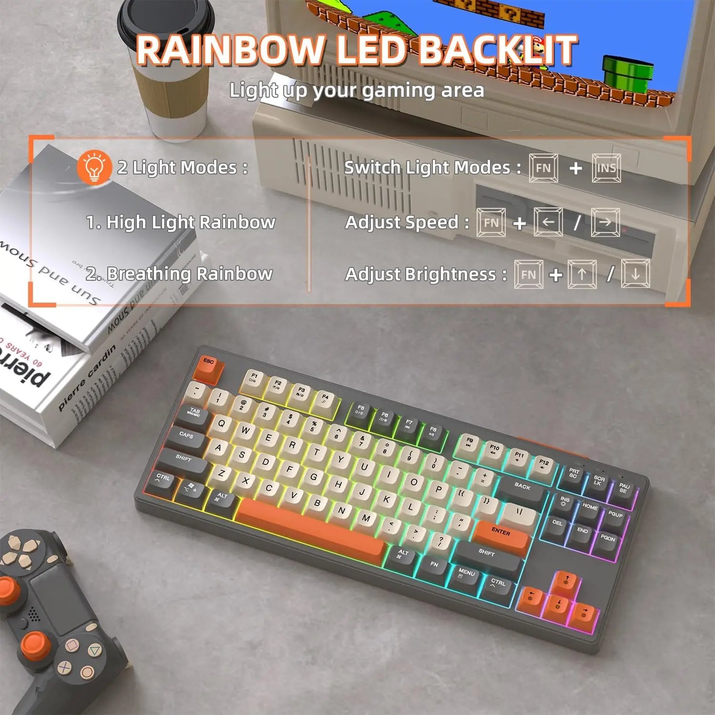 M87 Wireless Gaming Keyboard, Bluetooth 5.0/2.4GHz with Dual Mode 2-in-1 Receiver, 87 Keys TKL Rainbow LED Backlit Quiet Keyboard