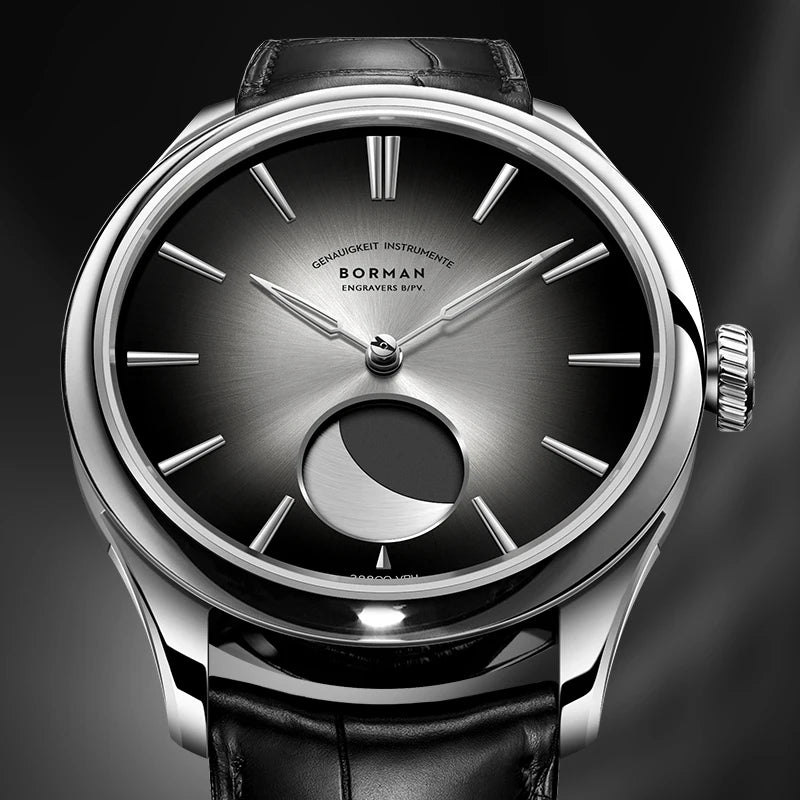 BORMAN 41.5mm 5ATM Waterproof Mechanical Watches Moon Phase Luxury Designer Men Dress Automatic Wristwatch