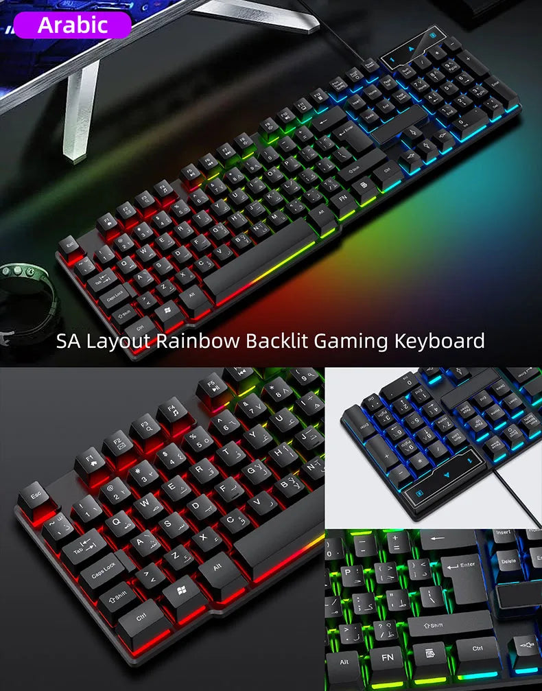 T20 Wired Keyboard Computer Accessories Russian Spanish Keyboard USB Game RGB Backlit Mechanical Touch Keycap Standard 104 Keys