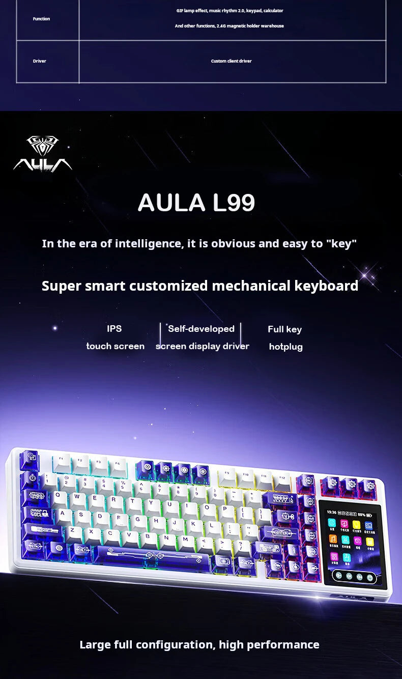 AULA L99 Intelligent Screen Mechanical Keyboard Bluetooth Wireless Tri-mode Night Gaming Laptop Keyboard 8000mAh Raindrop Switch