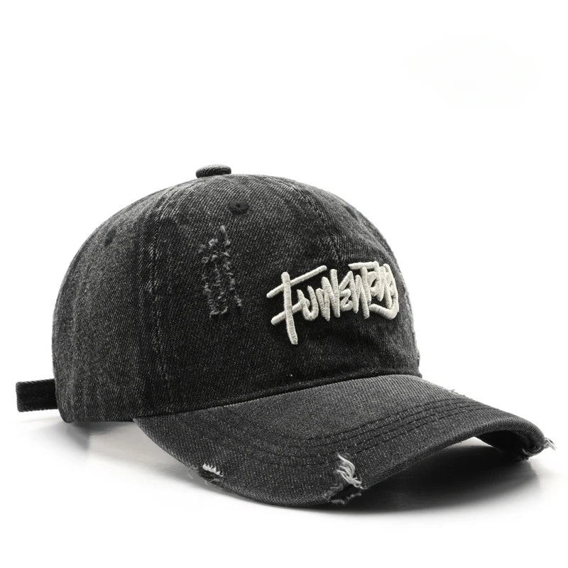 Japanese Retro Washed Denim Letter Embroidered Cap Outdoor Sports Mens Travel Sun Hat Baseball Cap Classic Versatile Comfortable