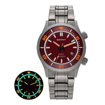 BERNY Automatic Full Titanium Diver Watch For Men Supper Luminous Sappire AR Coated Miyota 8215 Dual Crown Mechanical Dive Watch