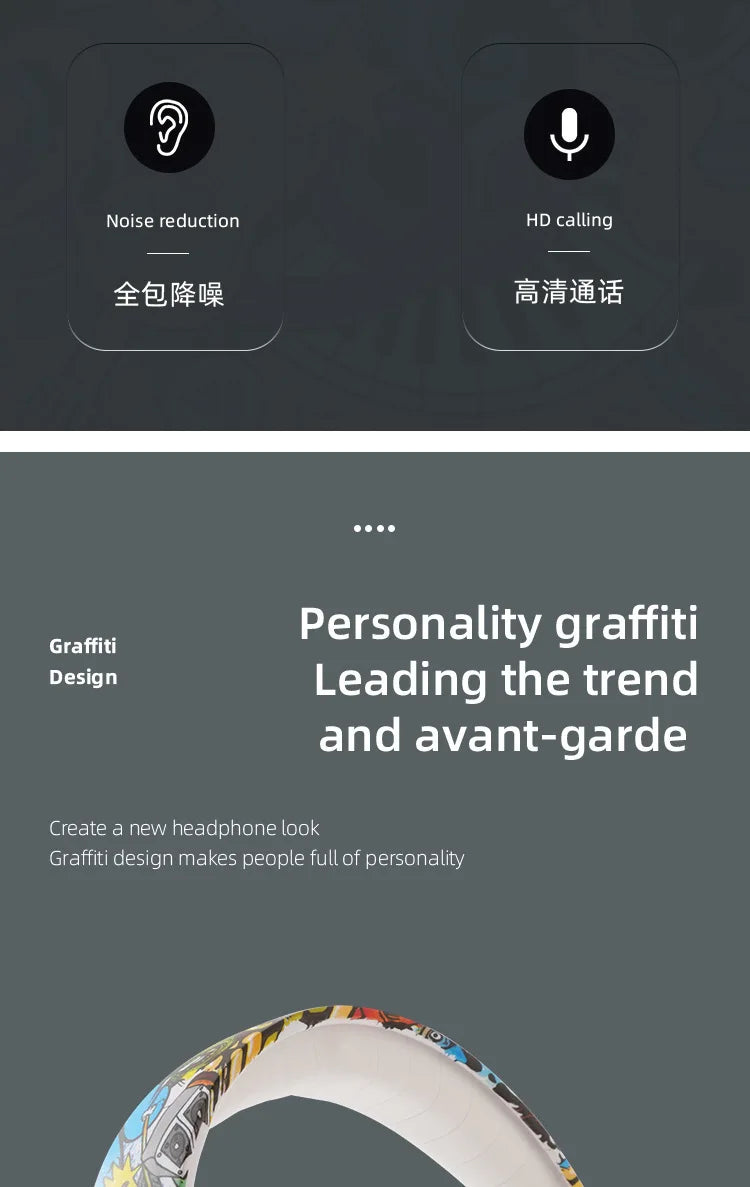 New Graffiti Wireless Bluetooth Gaming Headset LX-8686 with Mic, LED Light, TF Card Support, Deep Bass Over-Ear Headphones for PC, Gaming & Kids
