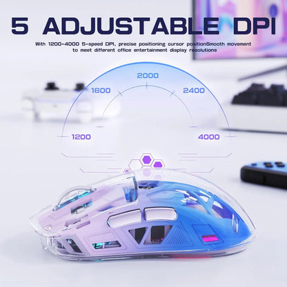 Mouse de gaming wireless transparent A2, BT 5.0/2.4G pentru PC, reîncărcabil, RGB, cu ecran digital, PixArt 3212, 5 niveluri DPI ajustabile
