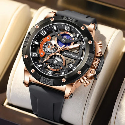 Montre pour homme LIGE Sports – Chronographe de luxe, bracelet en silicone, petits cadrans fonctionnels, mouvement à quartz, étanche et luminescente