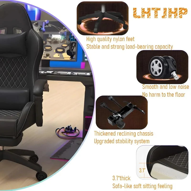 Silla gaming Hestora de piel PU grande y alta, silla ergonómica para ordenador con respaldo alto, reposapiés, masaje y soporte lumbar para adultos