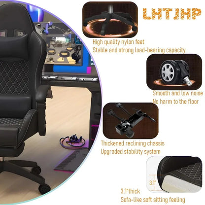 Silla gaming Hestora de piel PU grande y alta, silla ergonómica para ordenador con respaldo alto, reposapiés, masaje y soporte lumbar para adultos