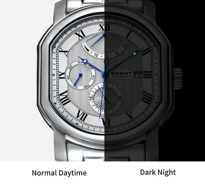 BERNY Men's Mechanical Watch, Top Accuracy, Automatic Wristwatch, Luxury Male Clock, Sapphire, Self-Winding, Waterproof
