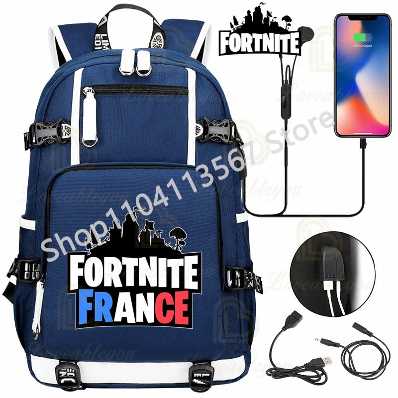 Ultima Knight F-Fortnited Battle Royale Backpack with USB Charging Anime Figures Study Stationery Compartment for Students