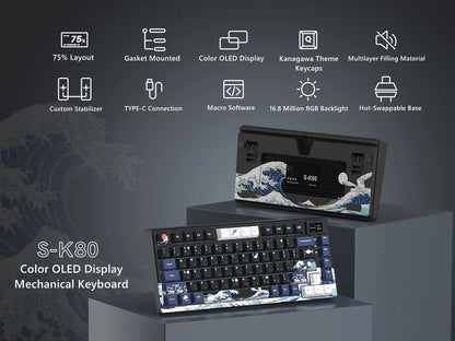 Teclado gamer Womier S-K80 com ecrã OLED a cores, teclado mecânico gaming hot-swappable com montagem gasket, teclado RGB personalizado
