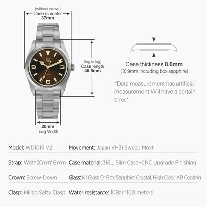 Watchdives WD1016 V3 37mm Watch VH31 Sweep Movement Stainless Steel Watches Luxury Sapphire 100m Waterproof Men Watch Box Gift