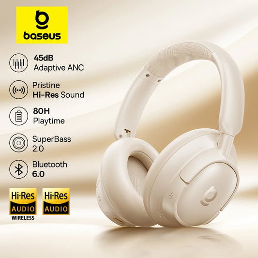 Baseus Bass EH10 NC Noise Cancelling Wireless Headphones Bluetooth 6.0 Over Ear Headset with 45dB ANC, 80H Battery, Hi-Res Audio & AI Calls