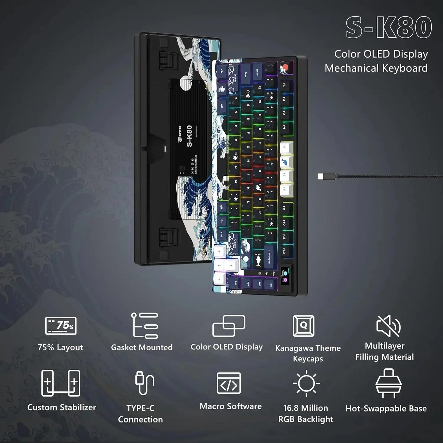 Teclado gamer Womier S-K80 com ecrã OLED a cores, teclado mecânico gaming hot-swappable com montagem gasket, teclado RGB personalizado