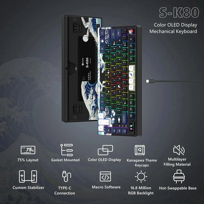 Teclado gamer Womier S-K80 com ecrã OLED a cores, teclado mecânico gaming hot-swappable com montagem gasket, teclado RGB personalizado