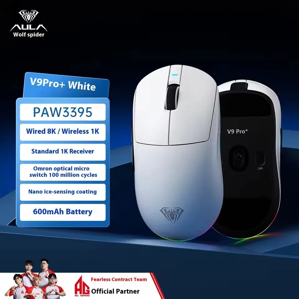 Aula V9 Ultra bezdrôtová e-športová herná myš Double 8k 3mode PAW 3950 8k, 55g, ľahká ergonomická myš, prispôsobiteľné príslušenstvo k PC