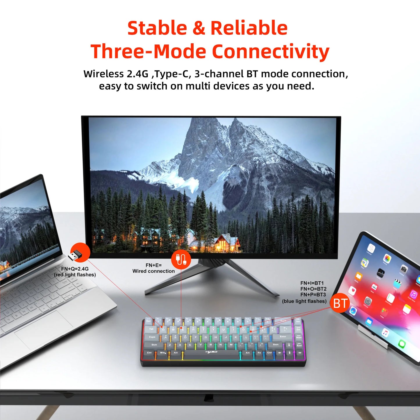 Clavier New key board 68% three-mode wired/wireless/bluetooth teclado gamer gaming keyboard gradual change gray RGB backlight
