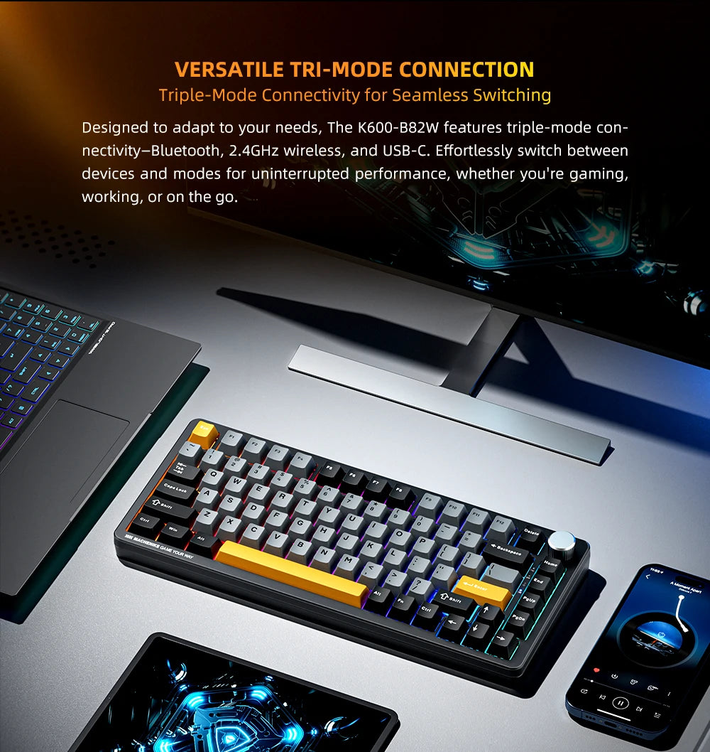 Machenike K600-B82W Mechanical Keyboard Tri-Modes Gasket Mounted 75% ANSI Layout  RGB Backlit Wireless Gaming Keyboard