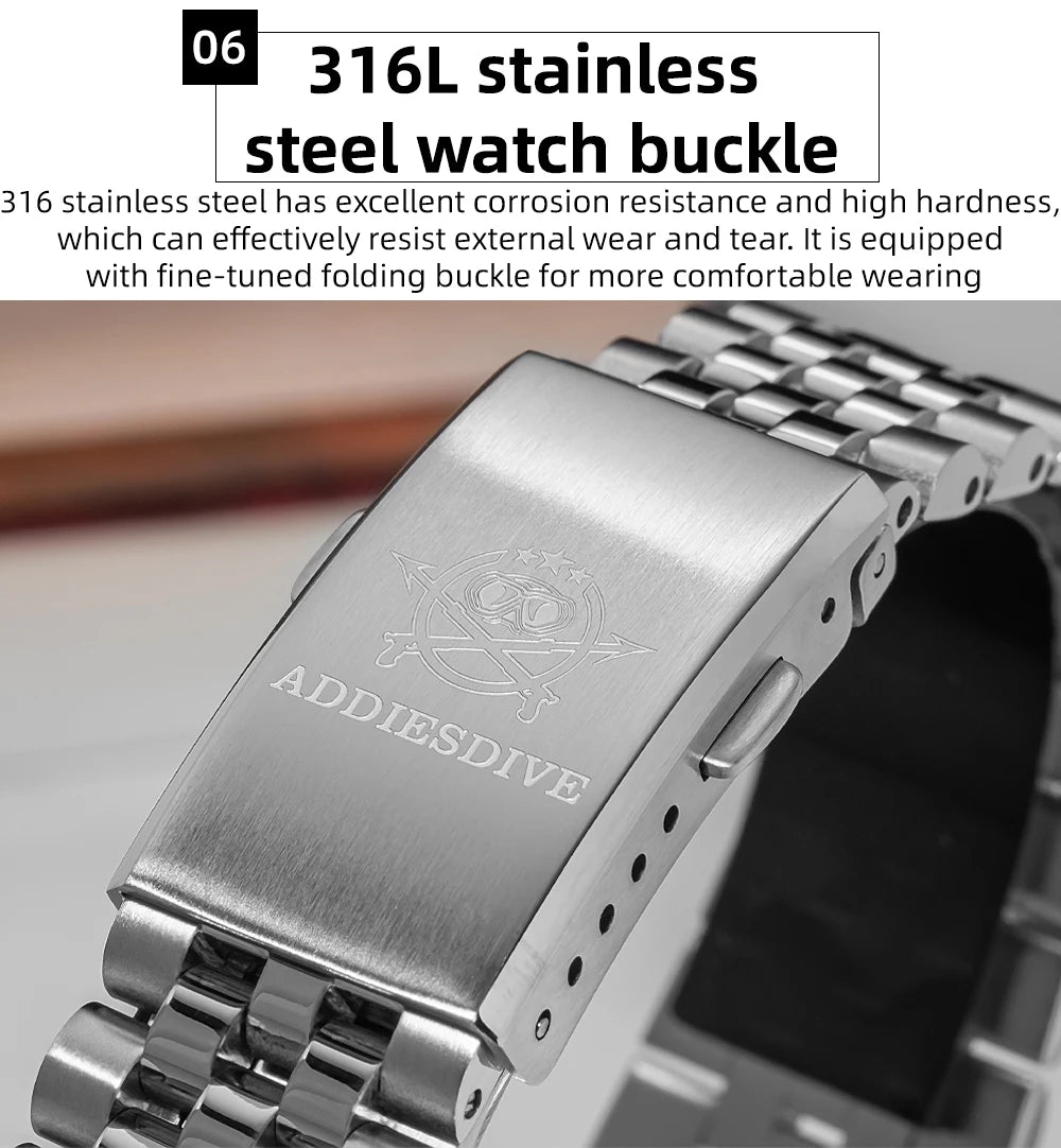 ADDIESDIVE New Men's Watch AD2073 Sapphire Glass 36mm VH31 Sunburst Quartz Watches 10Bar Waterproof Diving Luminous Wristwatch