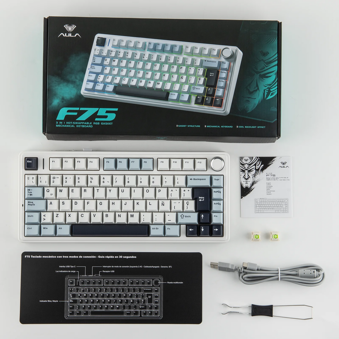 EPOMAKER AULA F75 ISO-ES 75% QWERTY español, teclado mecánico gaming inalámbrico con cable/Bluetooth/2.4GHz, hot-swap, montaje gasket y retroiluminación RGB