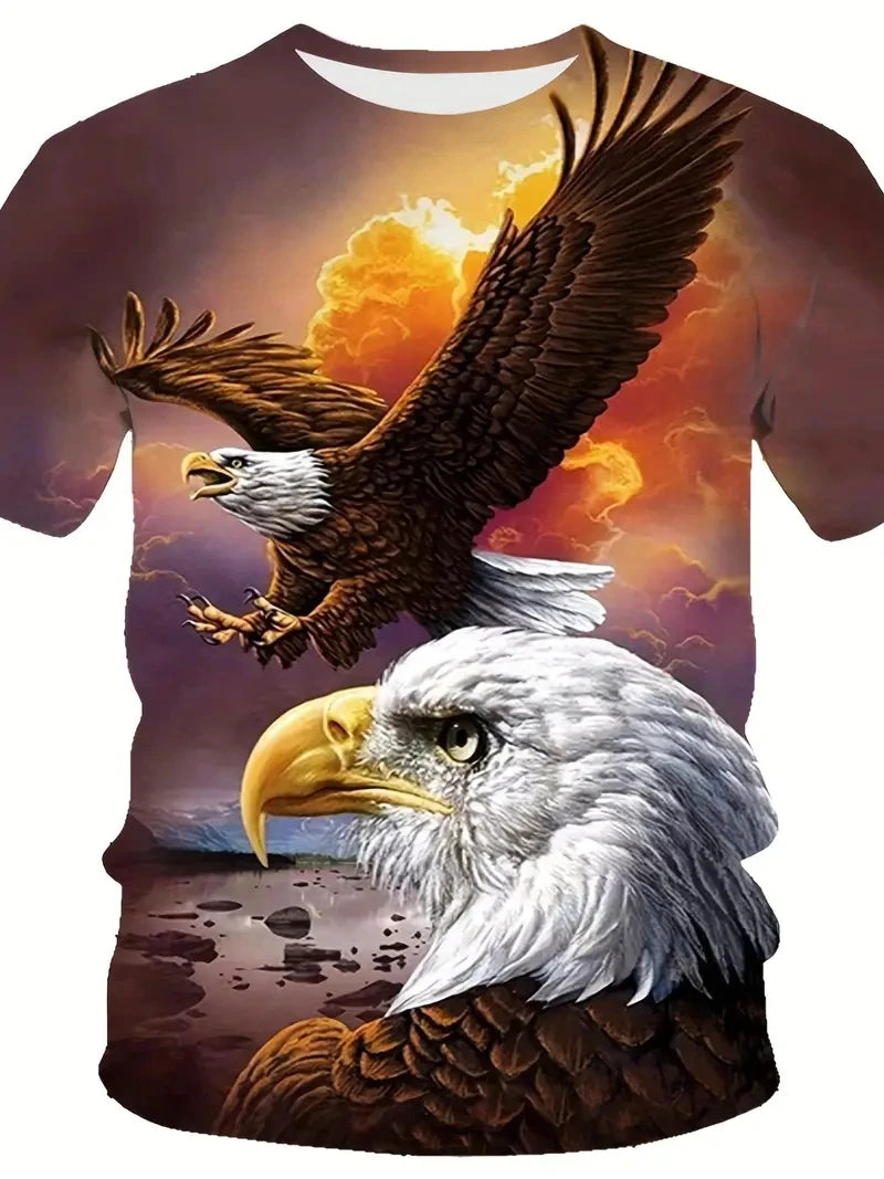 T-shirt para Homem com Novo Padrão de Águia Cool, Estampado 3D de Águia em Chamas, Streetwear de Verão, Manga Curta, Tops e T-shirts para Homem