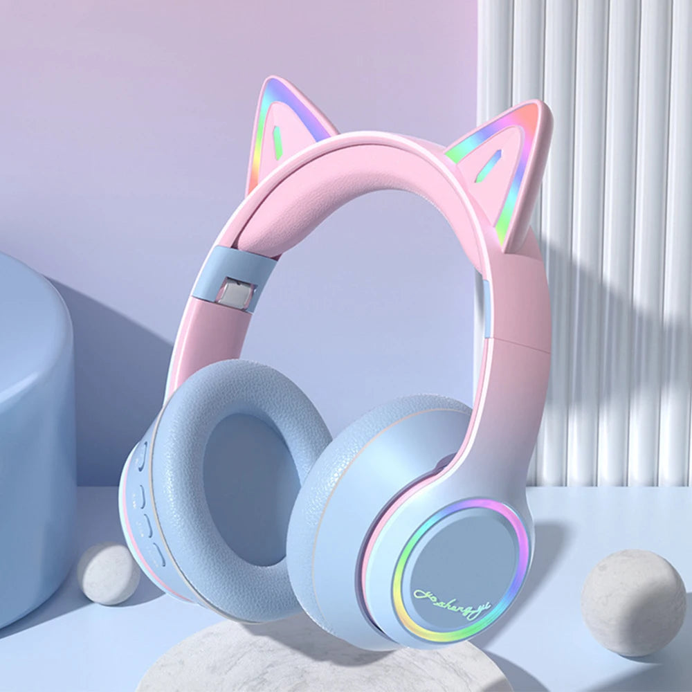 RGB Cat Ear Bluetooth Headphones Wireless Kids Headset with Microphone, Gradient LED Light Gaming Headphones, Stereo Music Bluetooth 5.3 Earphones for Girls