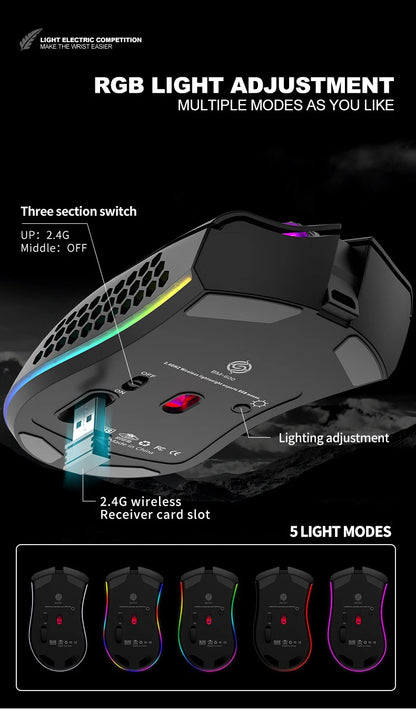 BM600 Rechargeable Wireless Gaming Mouse, 2.4G RGB Honeycomb Gaming Mouse with 12000 DPI, 7 Programmable Buttons, USB Gaming Mouse for PC & Laptop