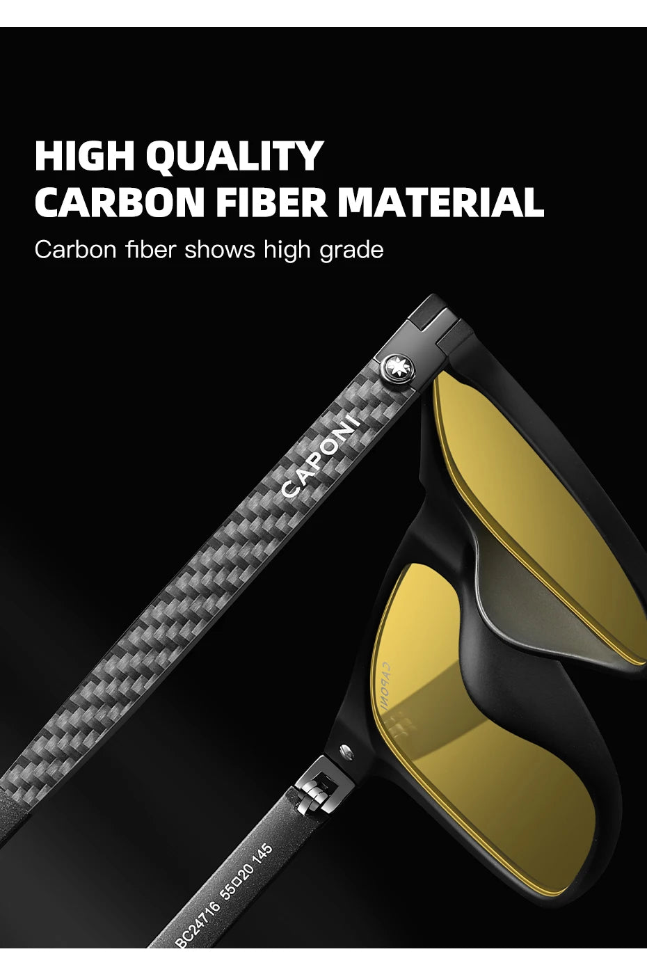 CAPONI Night Vision Men Sunglasses Original Designer High Quality Carbon Fiber Yellow Sun Glasses Photochromic Eyewear BSYS24716