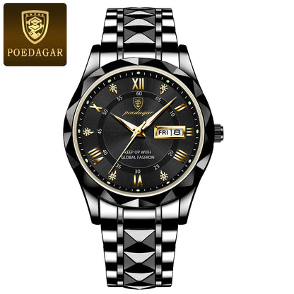 POEDAGAR Business Luxury Herrenuhr, wasserdicht, aus Edelstahl, beleuchtet, mit Datum und Wochentag, im Sport-Stil, mit Quarzwerk.
