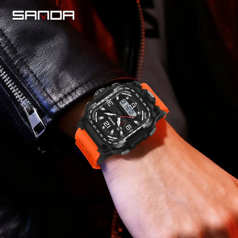 SANDA 6310 Men's Electronic Watch Multifunctional Luminous Alarm Clock Calendar Stopwatch Dual Display Digital Watches for Man