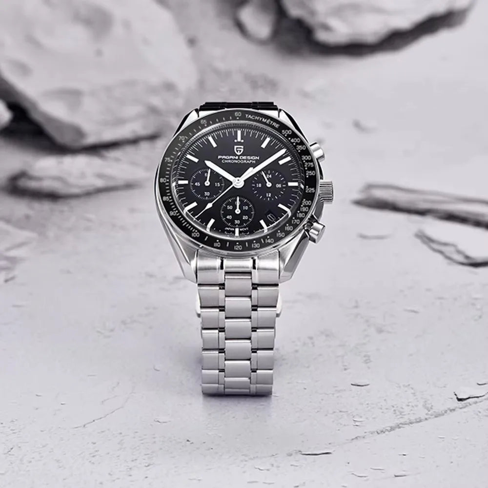 Zegarek PAGANI DESIGN Moon – luksusowy męski chronograf kwarcowy w sportowym stylu, szafirowe szkło z powłoką antyrefleksyjną, luminescencyjny wyświetlacz