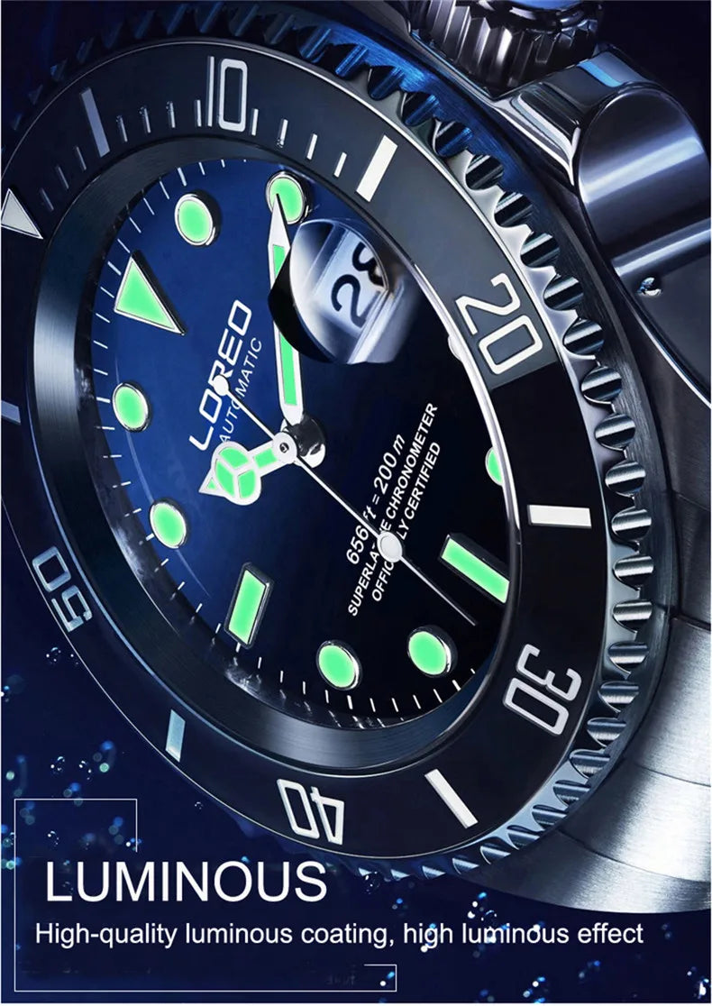 LOREO New Sapphire Glass Automatic Mechanical Watch Luxury Steel 200m Waterproof Business Watch Men Watches Reloj Hombre
