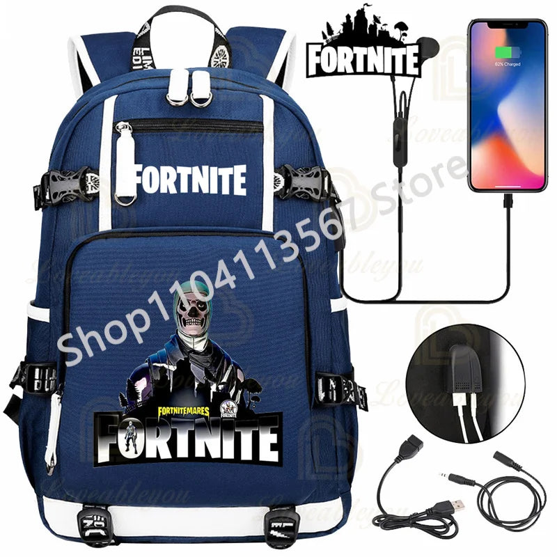 Ultima Knight F-Fortnited Battle Royale Backpack with USB Charging Anime Figures Study Stationery Compartment for Students
